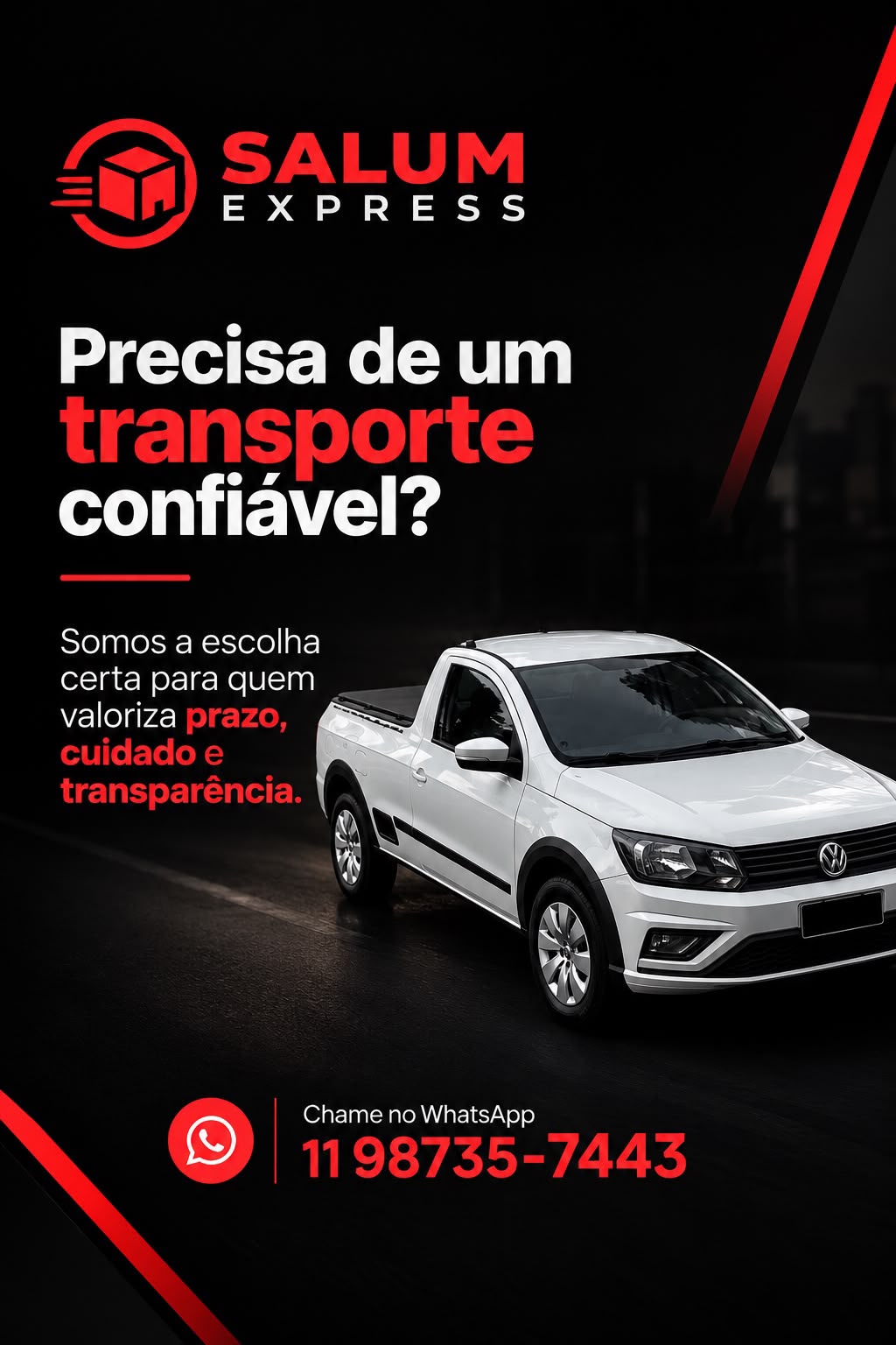 Salum Express — picape branca de transporte de cargas com contato no WhatsApp